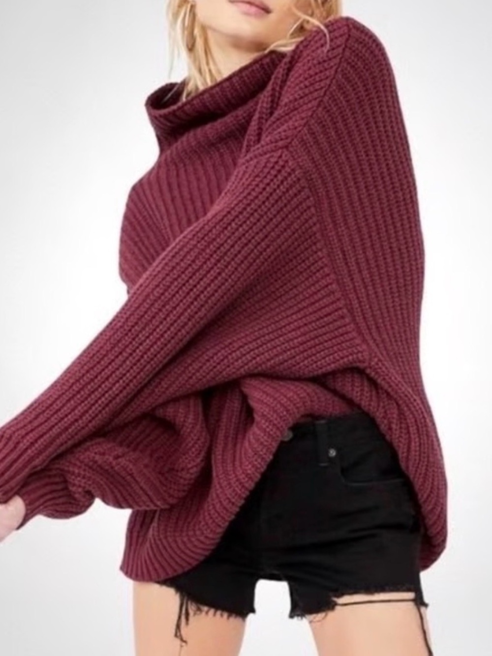 Free People Chunky Ribbed  Swim Too Deep Turtleneck Sweater in Wine